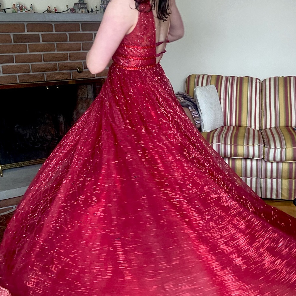 Red sparkly backless/open back prom dress
